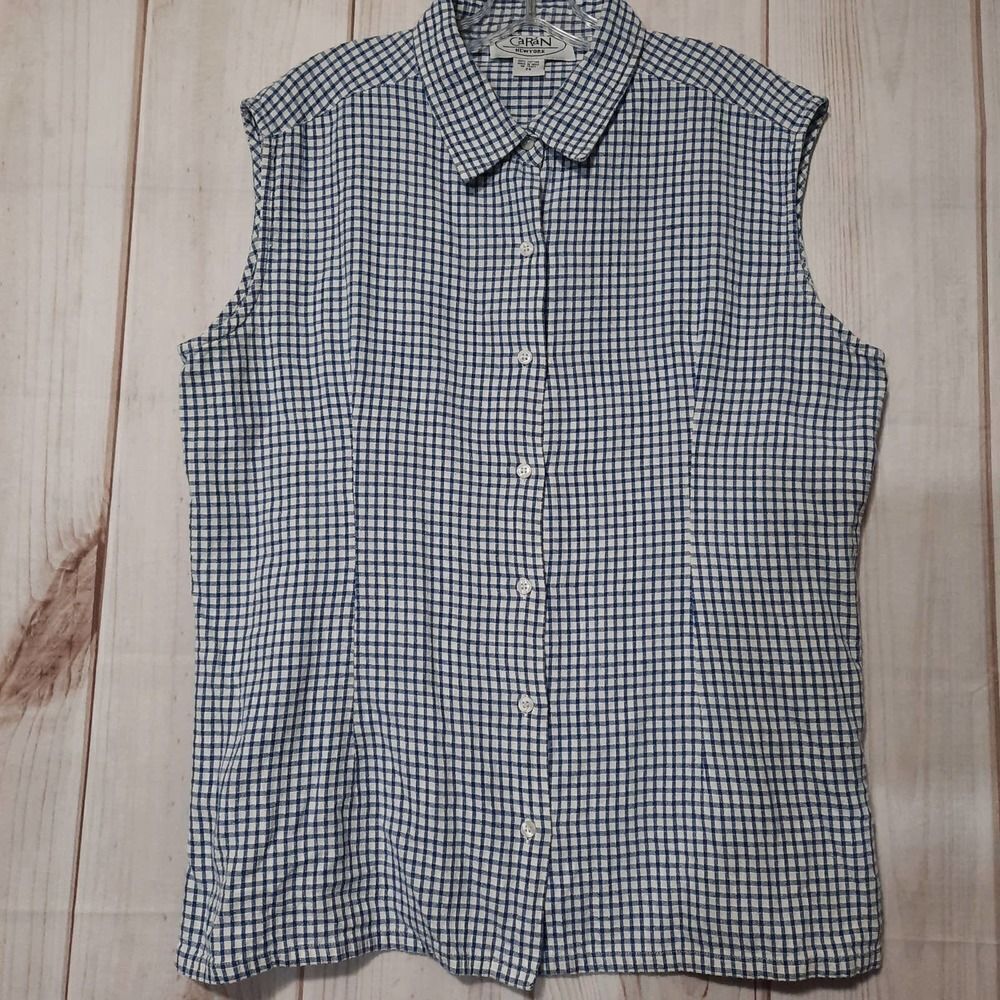 Caran Blouse Shirt Women Size 2x Blue White Spread Collared Button Up Sleeveless